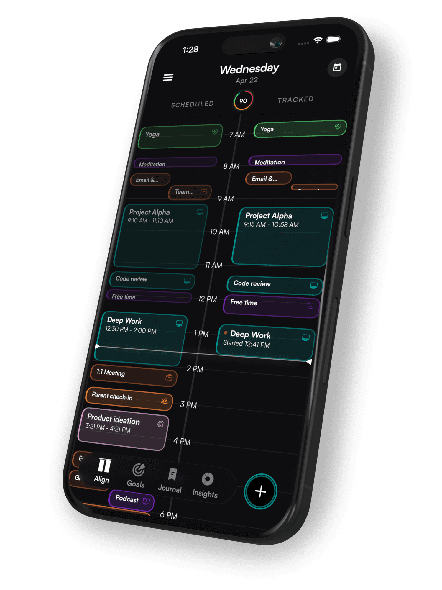 TimeAlign day view — the schedule you planned beside the time you actually tracked, with a live Deep Work session and a daily alignment score of 90.