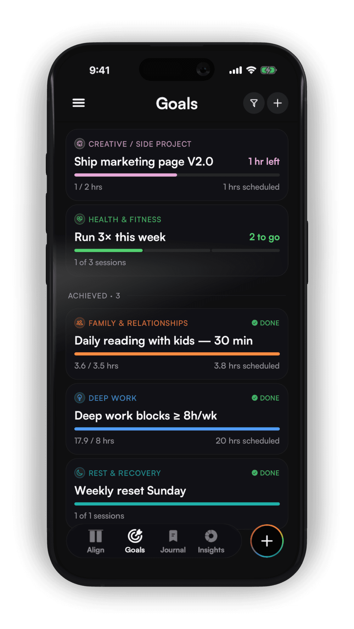 TimeAlign Goals screen — weekly goals across life areas with hours scheduled against each.