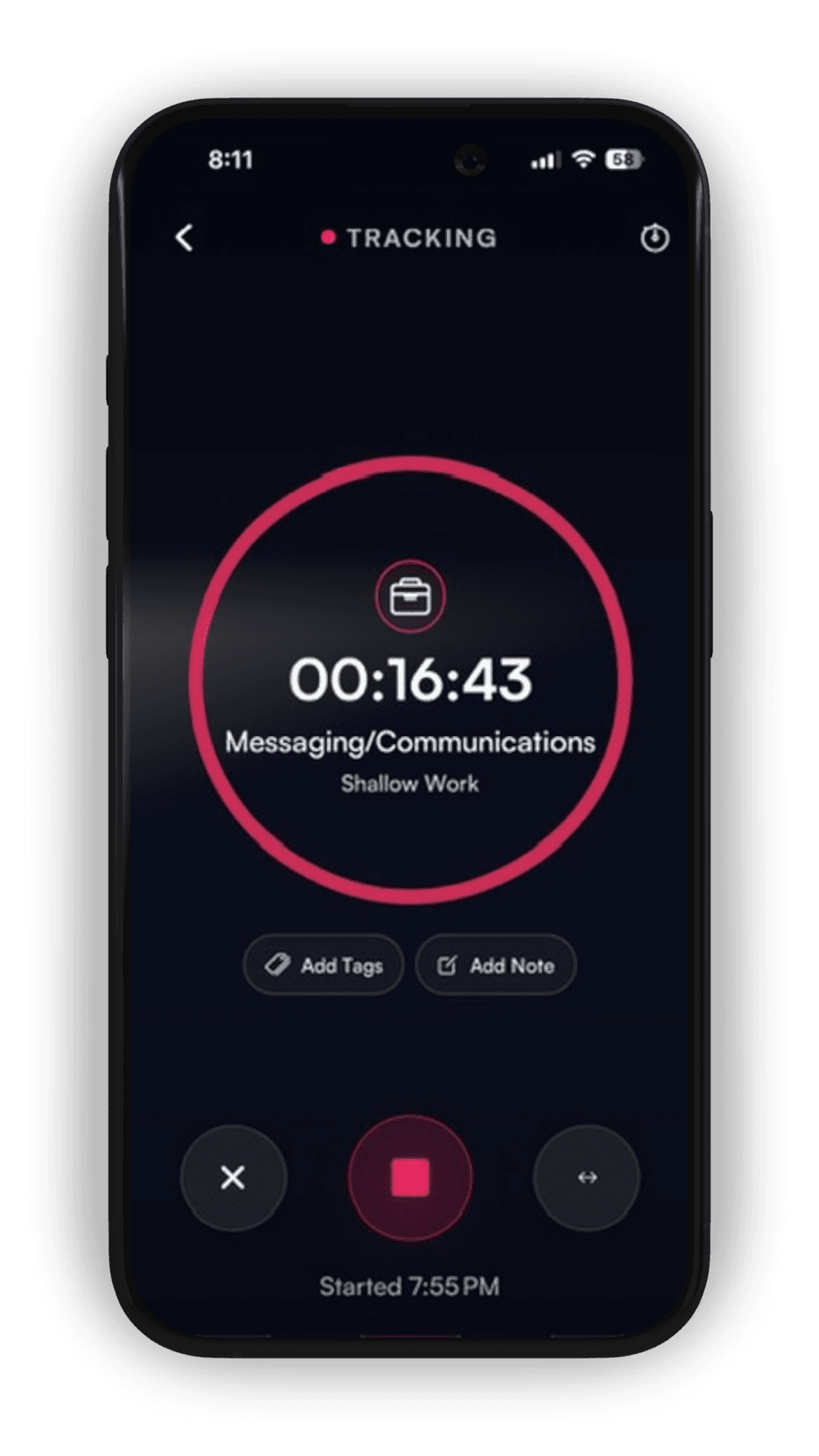 TimeAlign tracking screen — a live session at 16 minutes on Messaging/Communications, with one-tap stop and switch controls.