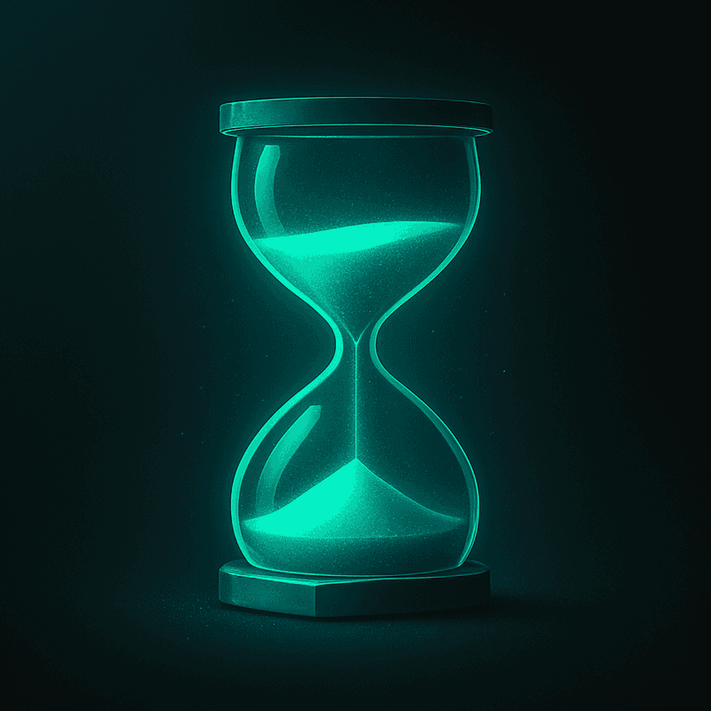 A glowing teal hourglass — the finite weeks of a life, lit from within.